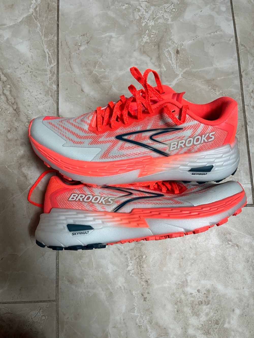 Brooks Women's Running Shoes in Neon Coral and White with Navy Accents